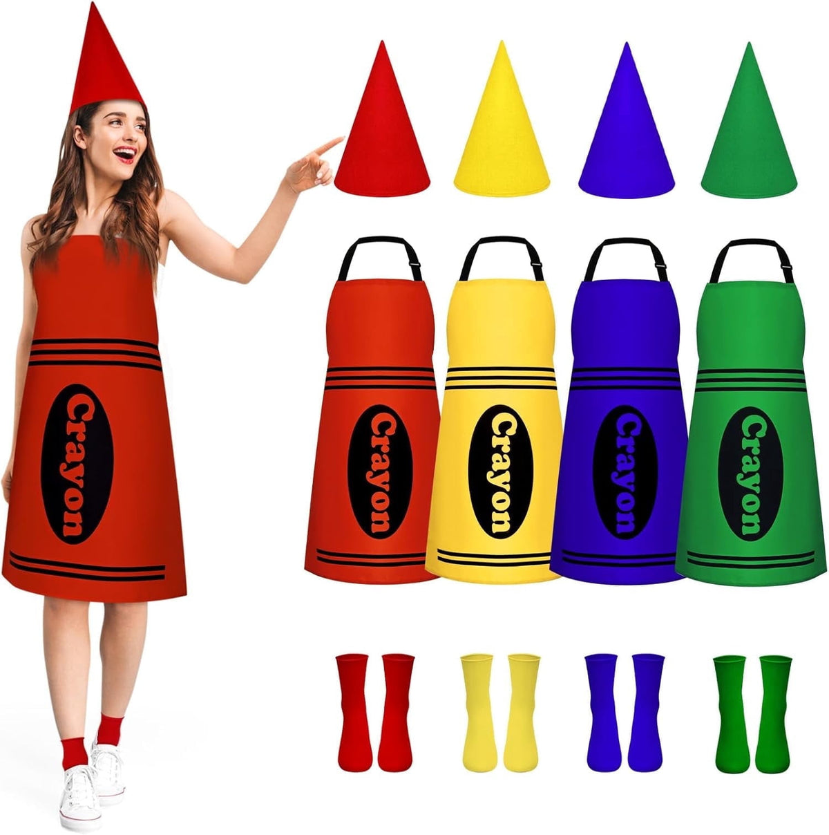 BLEUM CADE 8 Set Color Crayon Apron and Funny Gnome Cone Hats for Costume Set for Adults Fancy Dress Outfit Halloween Cosplay