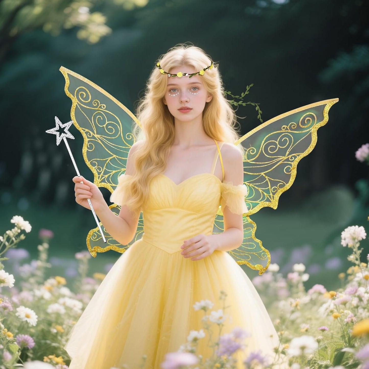 BLEUM CADE Fairy Wings for Adults and Girls,Fairy Costume Set with Floral Garland, Wand & Elf Ears, Organza Butterfly Wings Ideal for Halloween,Cosplay,Party,Golden