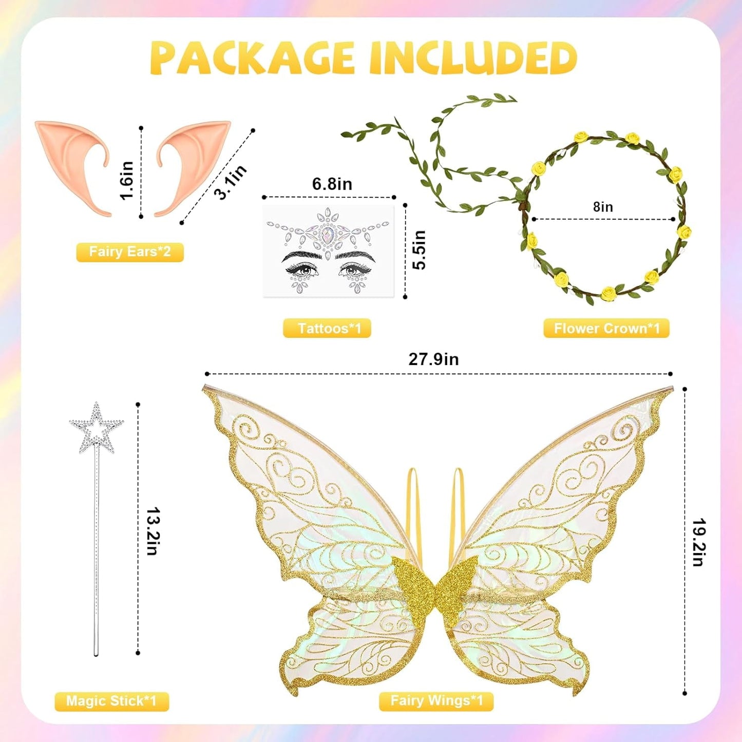 BLEUM CADE Fairy Wings for Adults and Girls,Fairy Costume Set with Floral Garland, Wand & Elf Ears, Organza Butterfly Wings Ideal for Halloween,Cosplay,Party,Golden