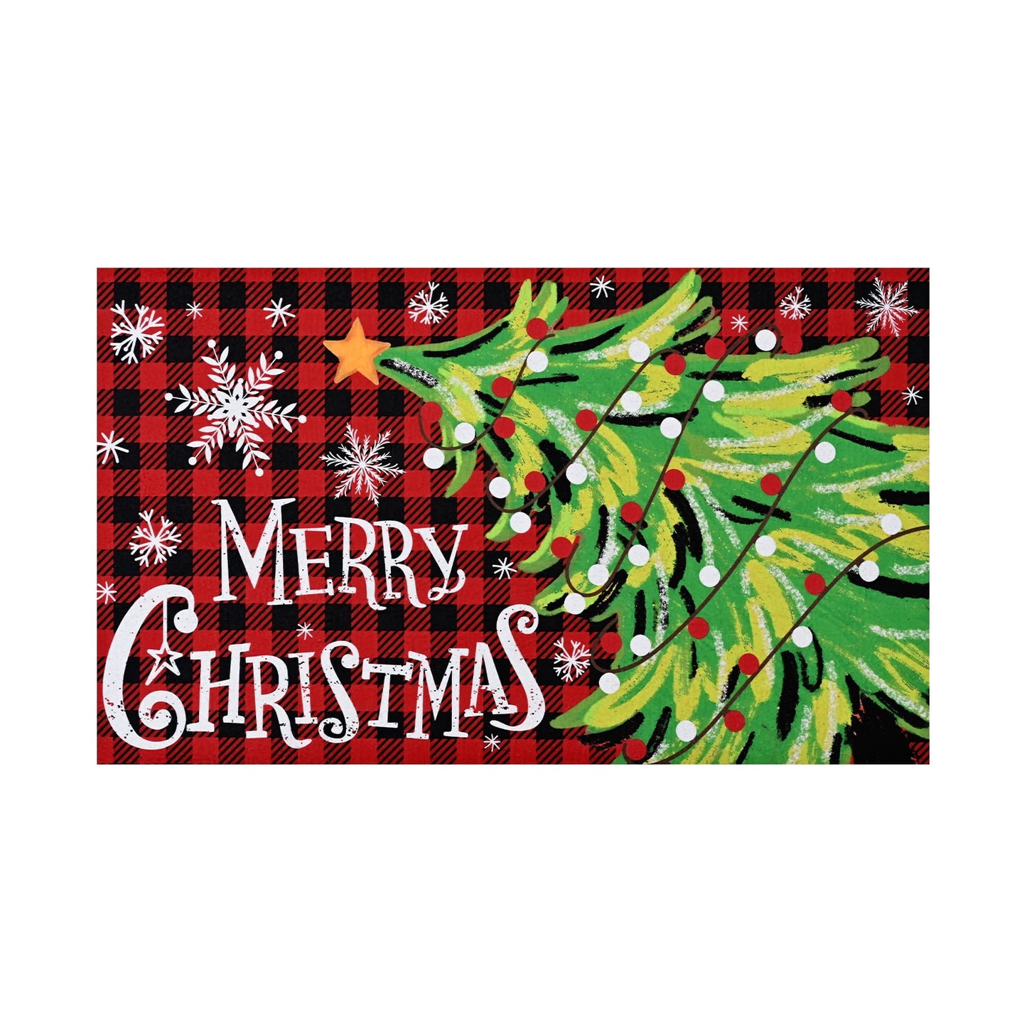 BLEUM CADE Christmas Welcome Mat,Christmas Tree Outdoor Door Mat Outside for Front Door,Red Buffalo Plaid Non-slip Rubber Backing Doormat,Low-Pile Mat for Entrance,18 x 30 in