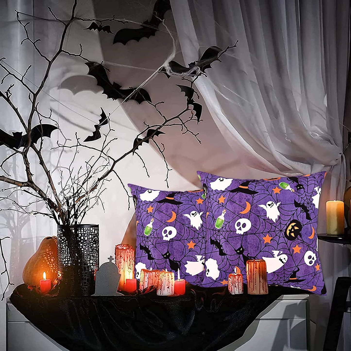 BLEUM CADE Halloween Pillow covers 18 x 18 inches Set of 2,Pumpkin Ghost Spider Web Halloween Decor,Purple