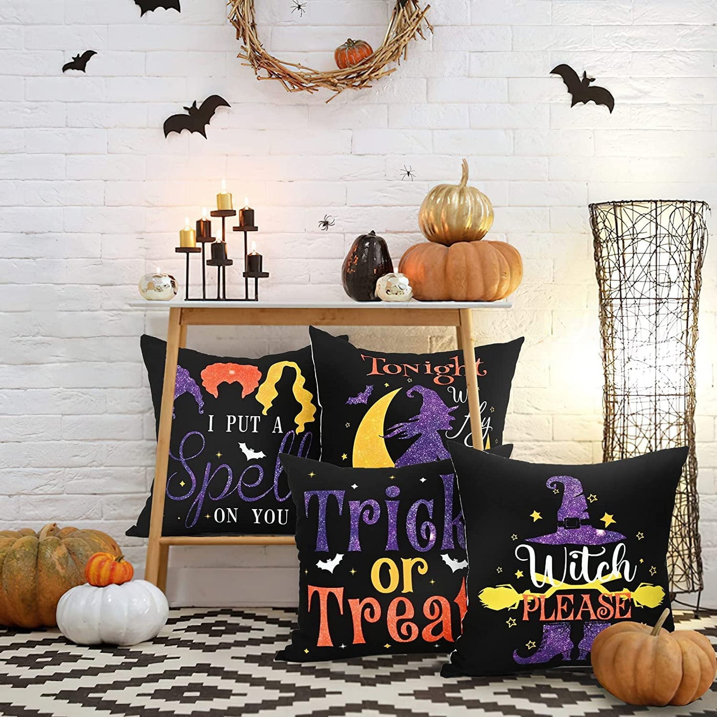 BLEUM CADE Halloween Pillow Covers 18 x 18 inch, Trick or Treat Decorative Throw Pillow Covers Set of 4,Black