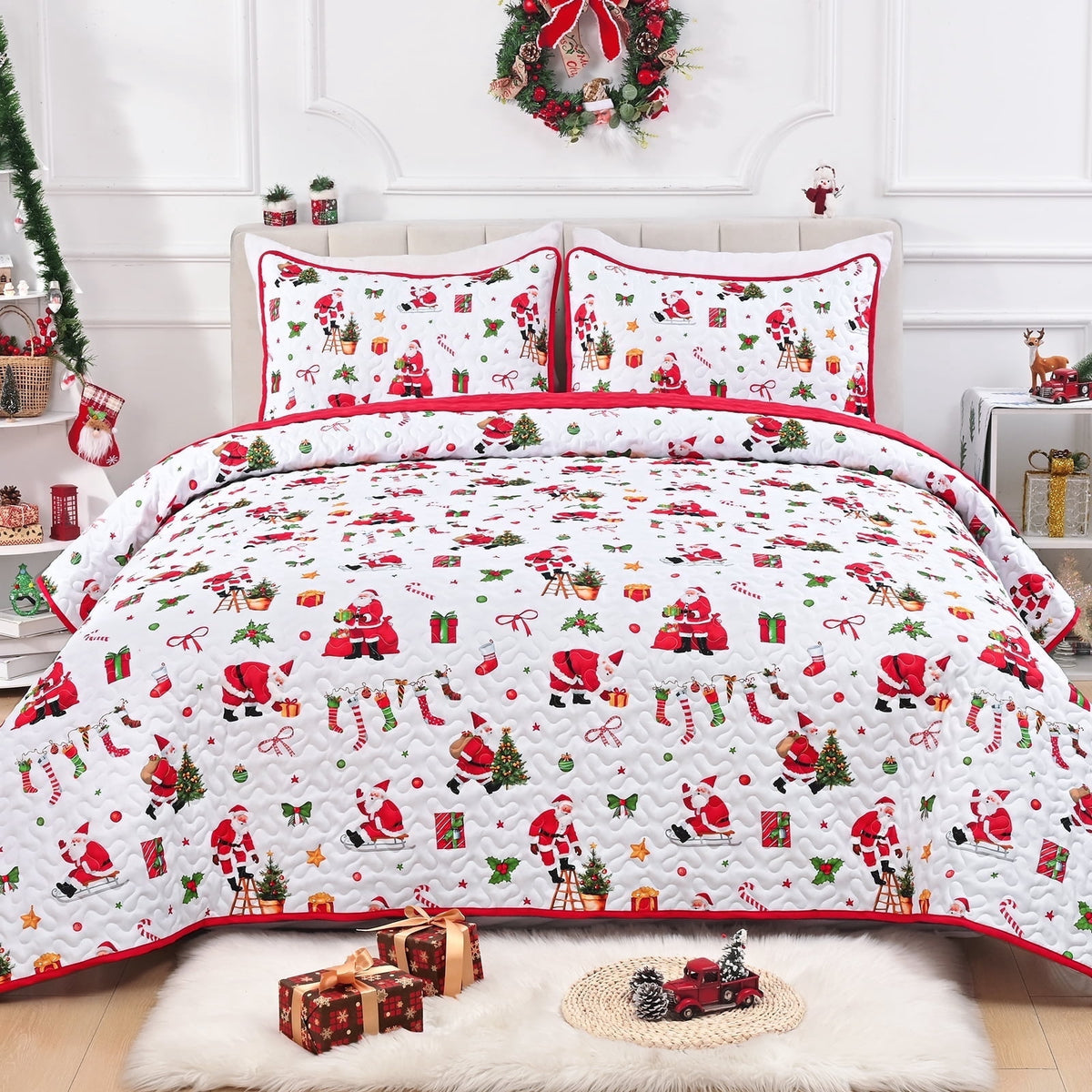 BLEUM CADE 3 Pieces Christmas Quilts Sets King Size, Christmas Tree Quilt Bedding Set, Reversible Green Buffalo Plaid Comforter Sets, Santa Claus Soft Lightweight Xmas Bedspread Coverlet, 106" x 96"