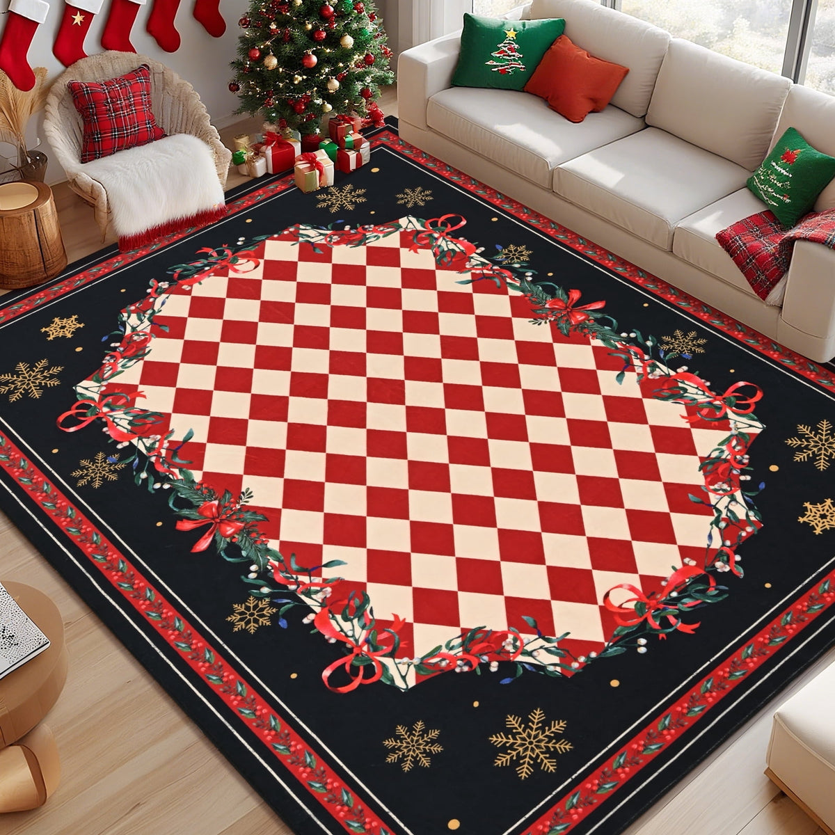 BLEUM CADE 8'x10' Christmas Area Rugs for Living Room, Washable Rugs for Bedroom Dinning Room,Red Checkered Rug Ultra Soft Non Slip Durable Large Carpet Home Decor