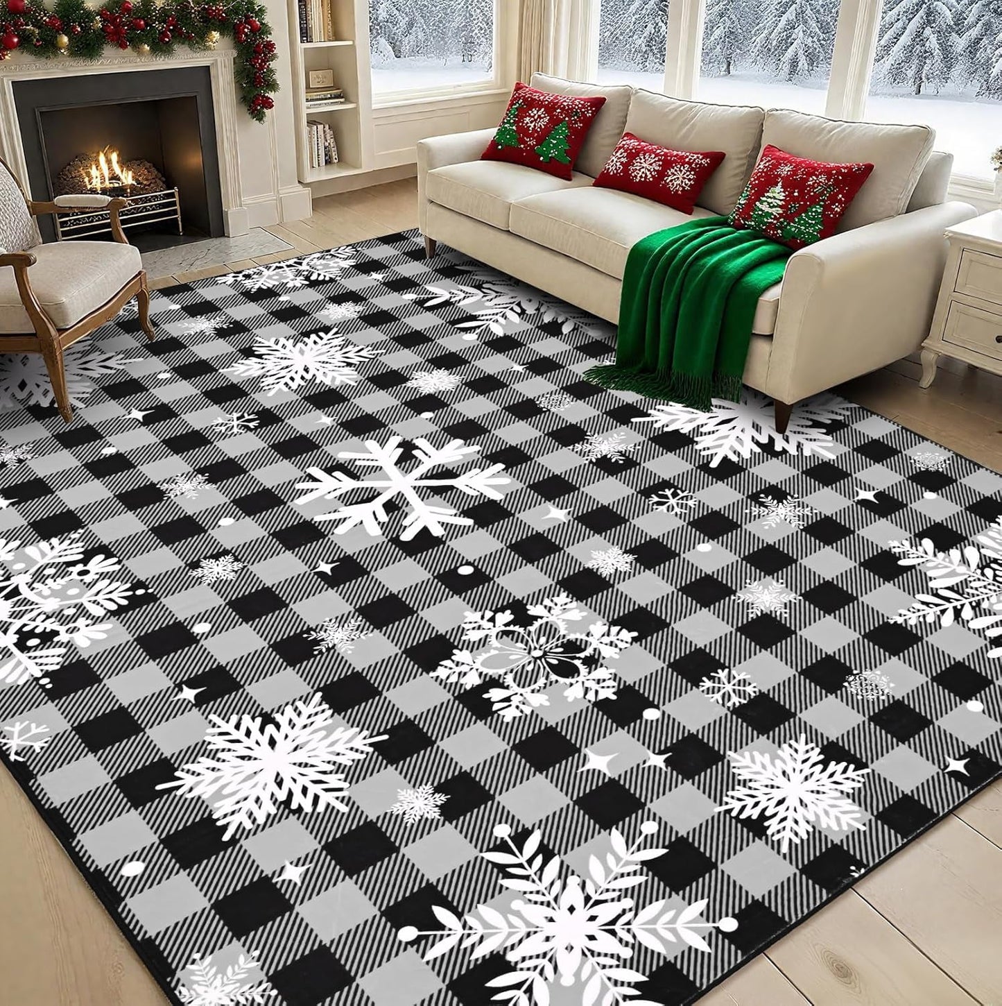 Bleum Cade Christmas Snowflake 5'x7' Area Rugs for Living Room, Washable Rugs for Bedroom Dinning Room,Red Buffalo Plaid Rug Ultra Soft Non Slip Durable Large Carpet Home Decor