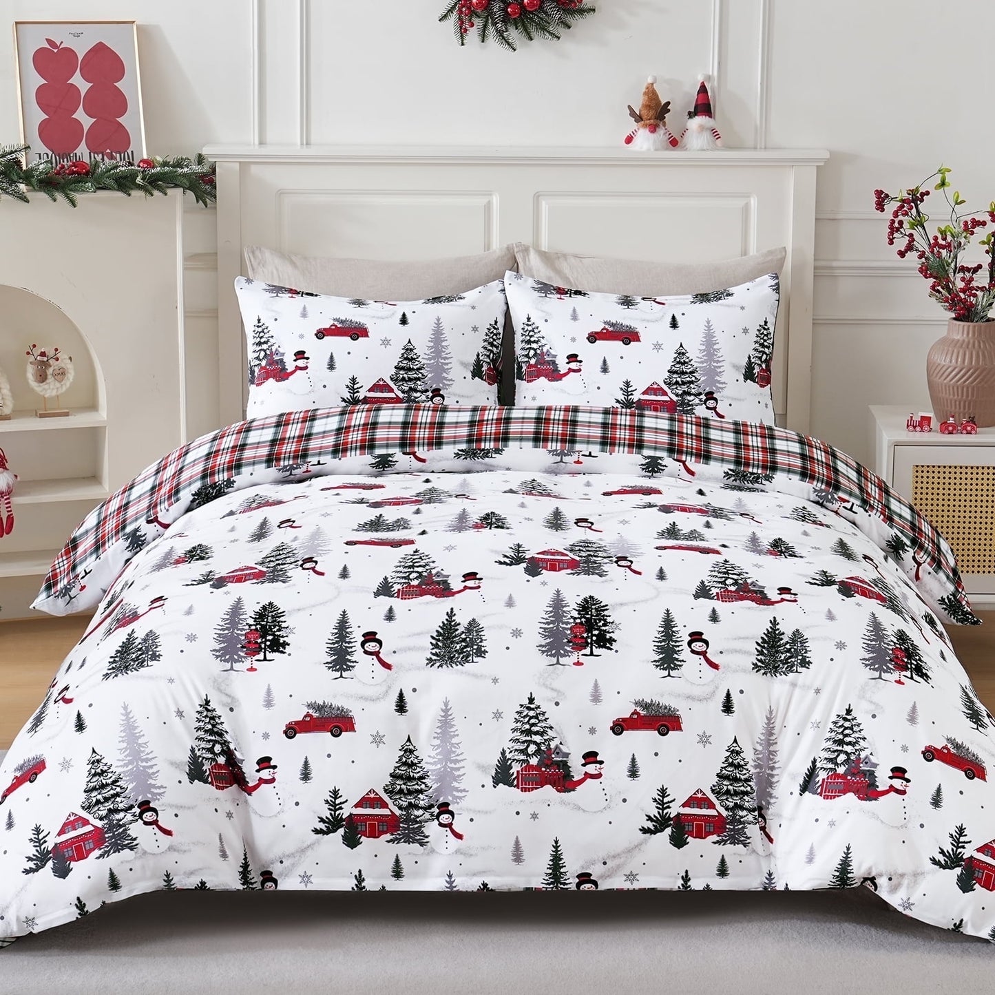 BLEUM CADE Duvet Cover Set Christmas Tree Snowflake Plaid Set Festive 3 - Piece with Pillow Cover, Soft Microfiber for Home Bedroom Set, Holiday Season Theme