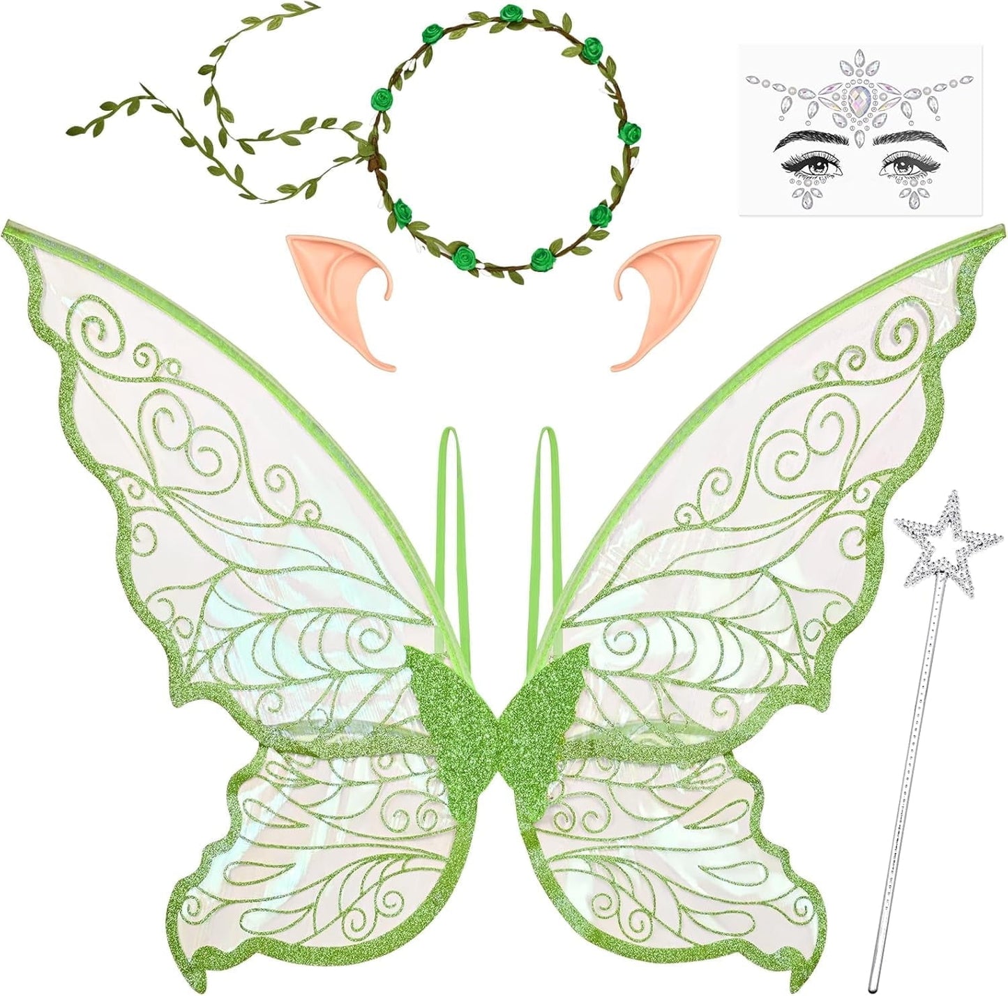 BLEUM CADE Fairy Wings for Adults and Girls,Fairy Costume Set with Floral Garland, Wand & Elf Ears, Organza Butterfly Wings Ideal for Halloween,Cosplay,Party,Golden
