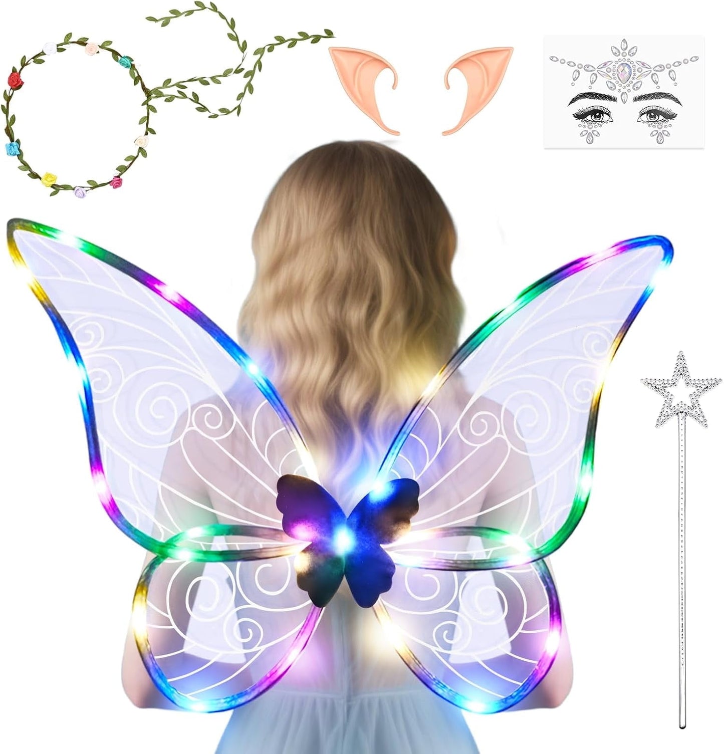 BLEUM CADE Fairy Wings for Adults and Girls,Fairy Costume Set with Floral Garland, Wand & Elf Ears, Organza Butterfly Wings Ideal for Halloween,Cosplay,Party,Golden