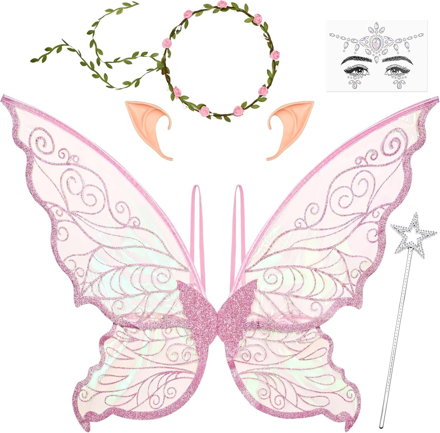 BLEUM CADE Fairy Wings for Adults and Girls,Fairy Costume Set with Floral Garland, Wand & Elf Ears, Organza Butterfly Wings Ideal for Halloween,Cosplay,Party,Golden