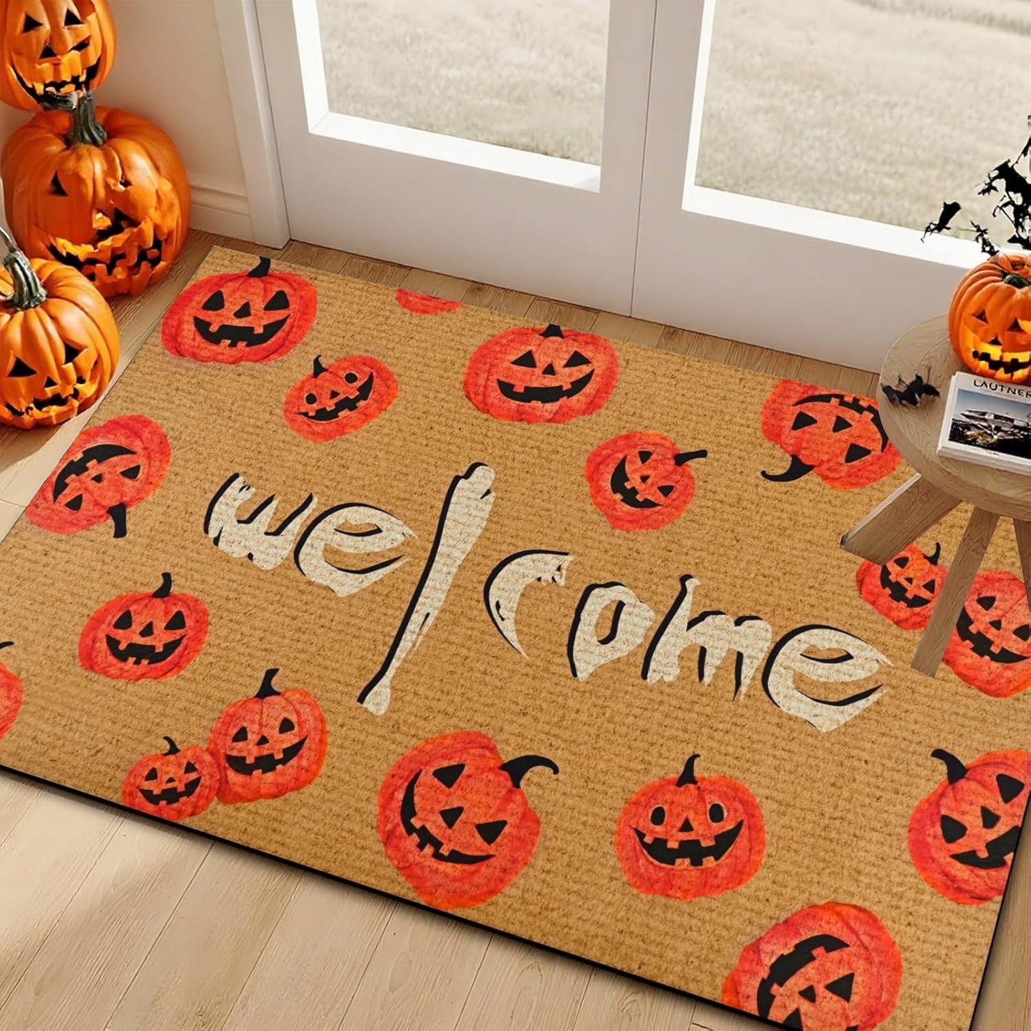 BLEUM CADE Halloween Welcome Mat Ghost Bat Outdoor Doormat,Non Slip Low Profile Entrance Mat for Outside Patio,18 x 30 inches