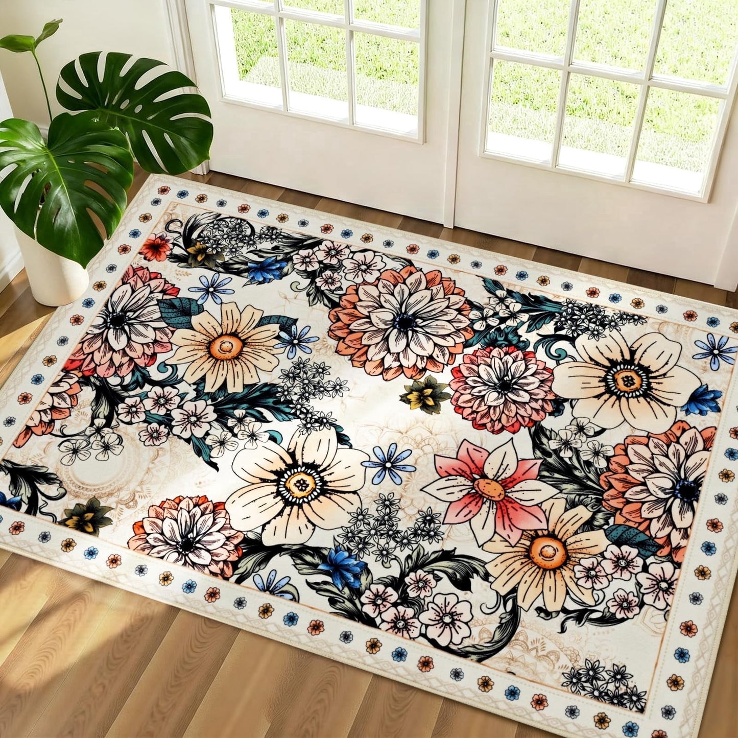 Bleum Cade 2x3 Small Area Rugs for Entryway, Boho Floral Washable Rug, Non Slip Door Mat Indoor Ourdoor, Soft Faux Wool Low-Pile Welcome Door Mat for Hallway Laundry