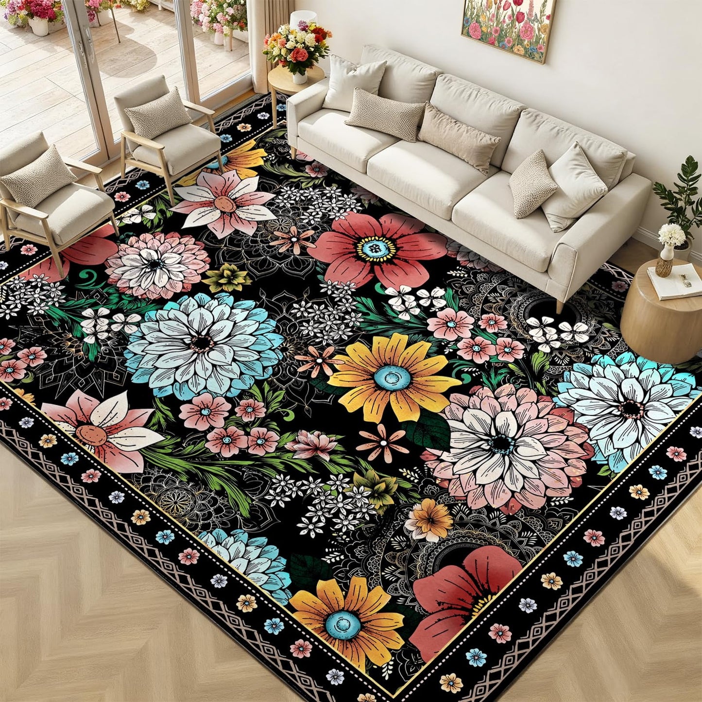 BLEUM CADE Living Room Rug 8x10 Boho Floral Area Rug,Washable Soft Carpet for Bedroom