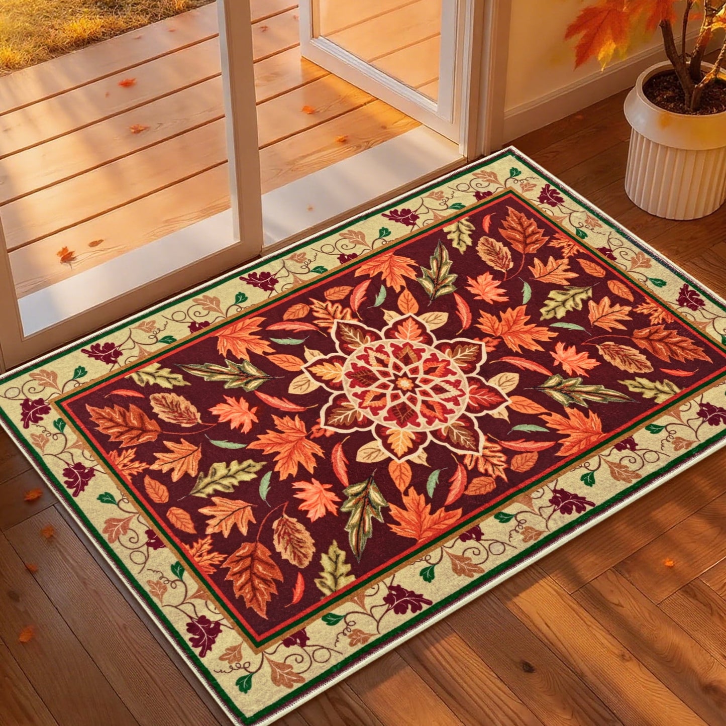 Bleum Cade 5'x7' Fall Area Rugs for Living Room,Boho Floral Rug Ultra Soft Washable Rugs for Bedroom, Maple Leaf Anti Slip Durable Carpet Home Decor for Dining Room
