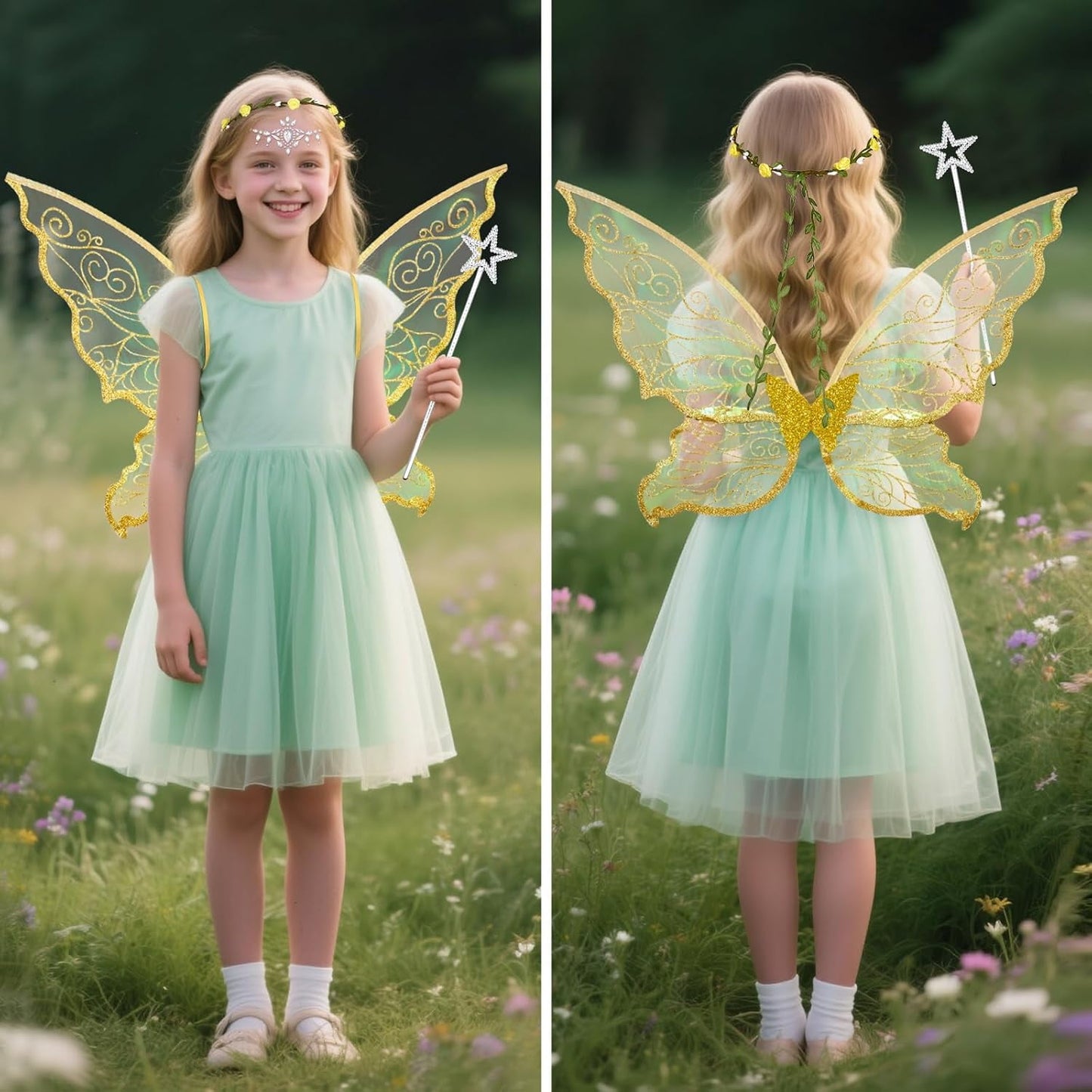 BLEUM CADE Fairy Wings for Adults and Girls,Fairy Costume Set with Floral Garland, Wand & Elf Ears, Organza Butterfly Wings Ideal for Halloween,Cosplay,Party,Golden