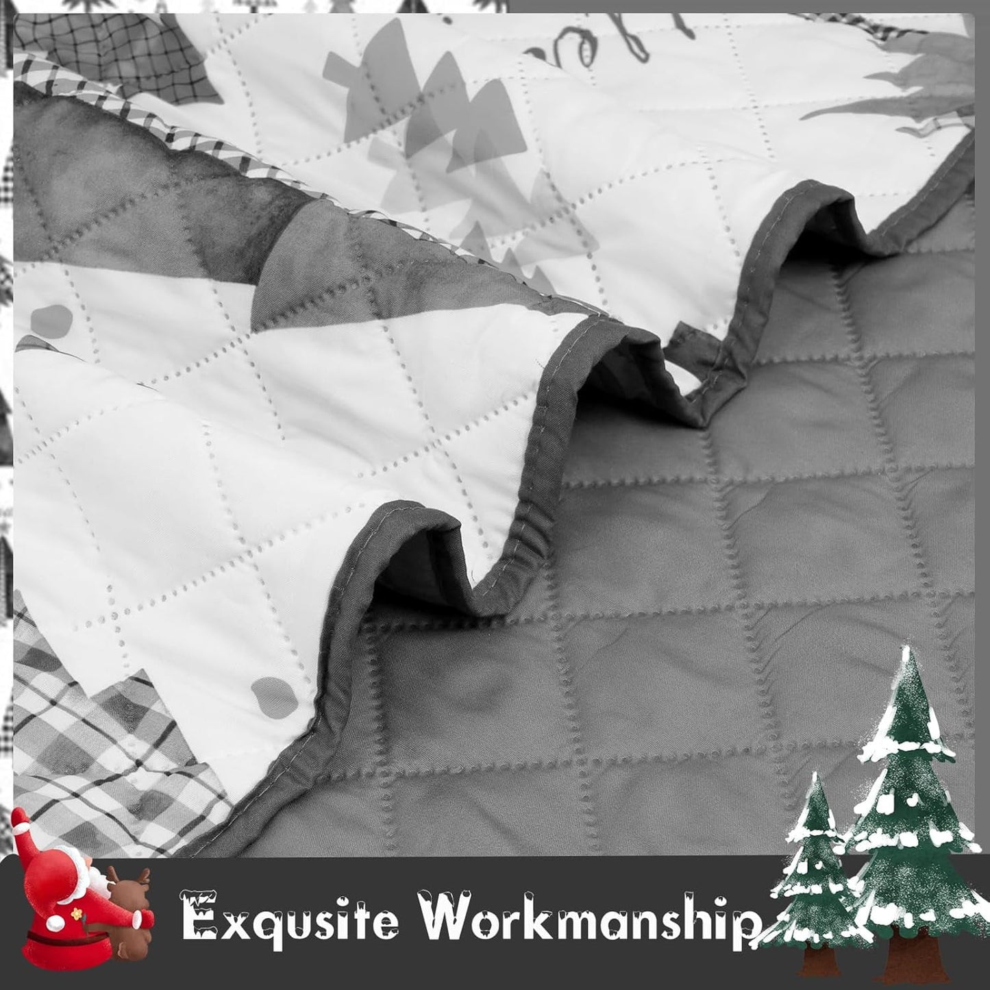 BLEUM CADE Christmas Quilt Sets Queen Size, 3 Pieces Christmas Tree Quilt Bedspread Sets,Lightweight Merry Christmas Bedding Set Soft Xmas Quilts Coverlet,Grey