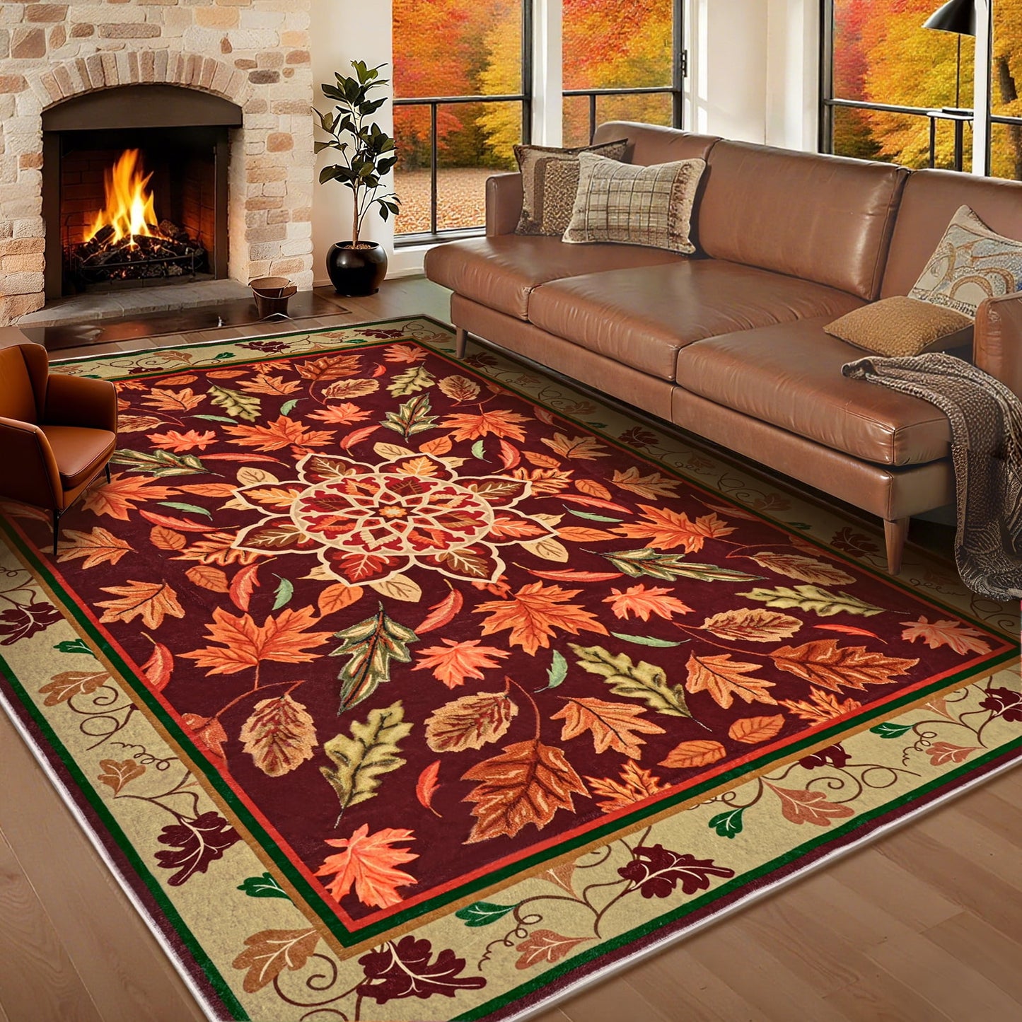 Bleum Cade 5'x7' Fall Area Rugs for Living Room,Boho Floral Rug Ultra Soft Washable Rugs for Bedroom, Maple Leaf Anti Slip Durable Carpet Home Decor for Dining Room