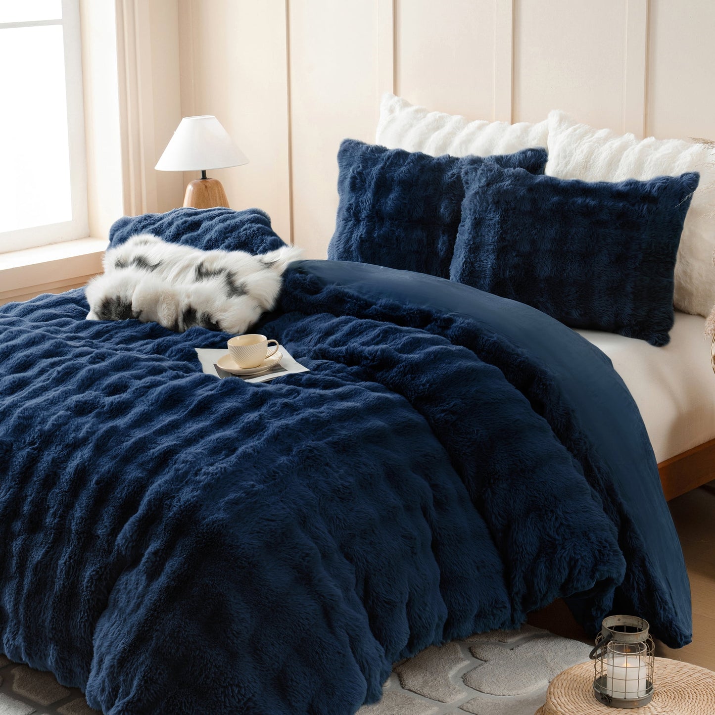 BLEUM CADE Fluffy Duvet Cover Set Queen Size,3 Pieces Soft Shaggy Rabbit Fluff Plush Bedding Comforter Cover Set with 2 Pillowcases,Navy Blue