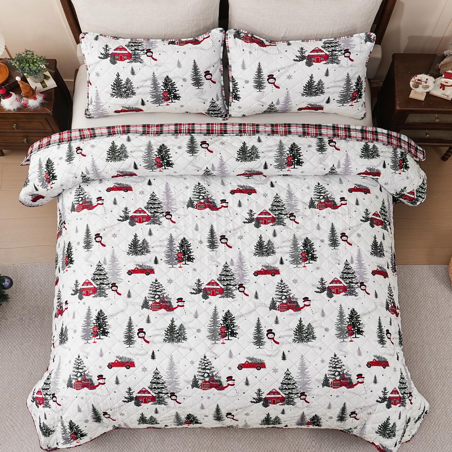 BLEUM CADE Christmas Quilt Queen Size, Christmas Tree Quilt Set, Reversible Buffalo Plaid Quilts Bedding Set, Lightweight Soft Breathable Bedspread Coverlet, 90''x90''(1 Quilt, 2 Pillow Shams)