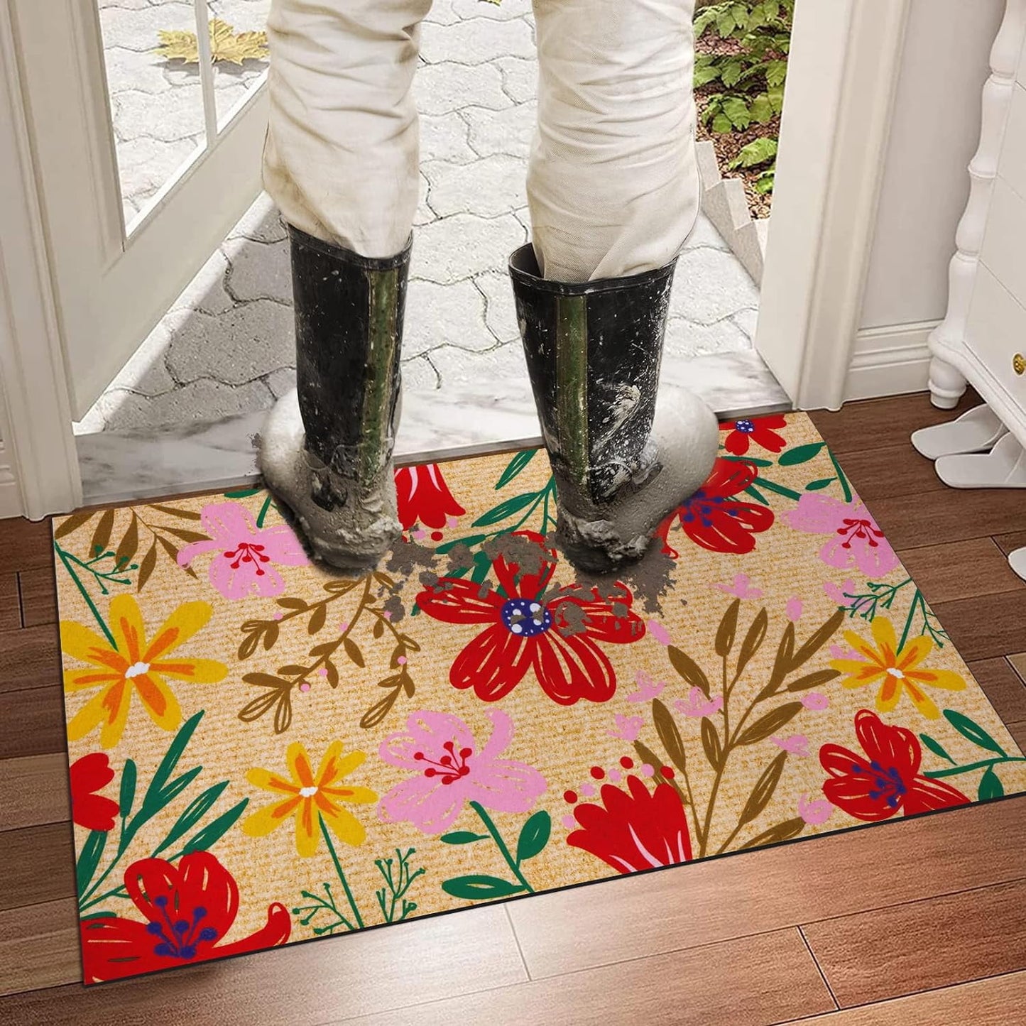 BLEUM CADE Spring Flower Door Mats  Outdoor,Non Slip Welcome Mat with Non-slip Rubber Backing,18" x 30 "