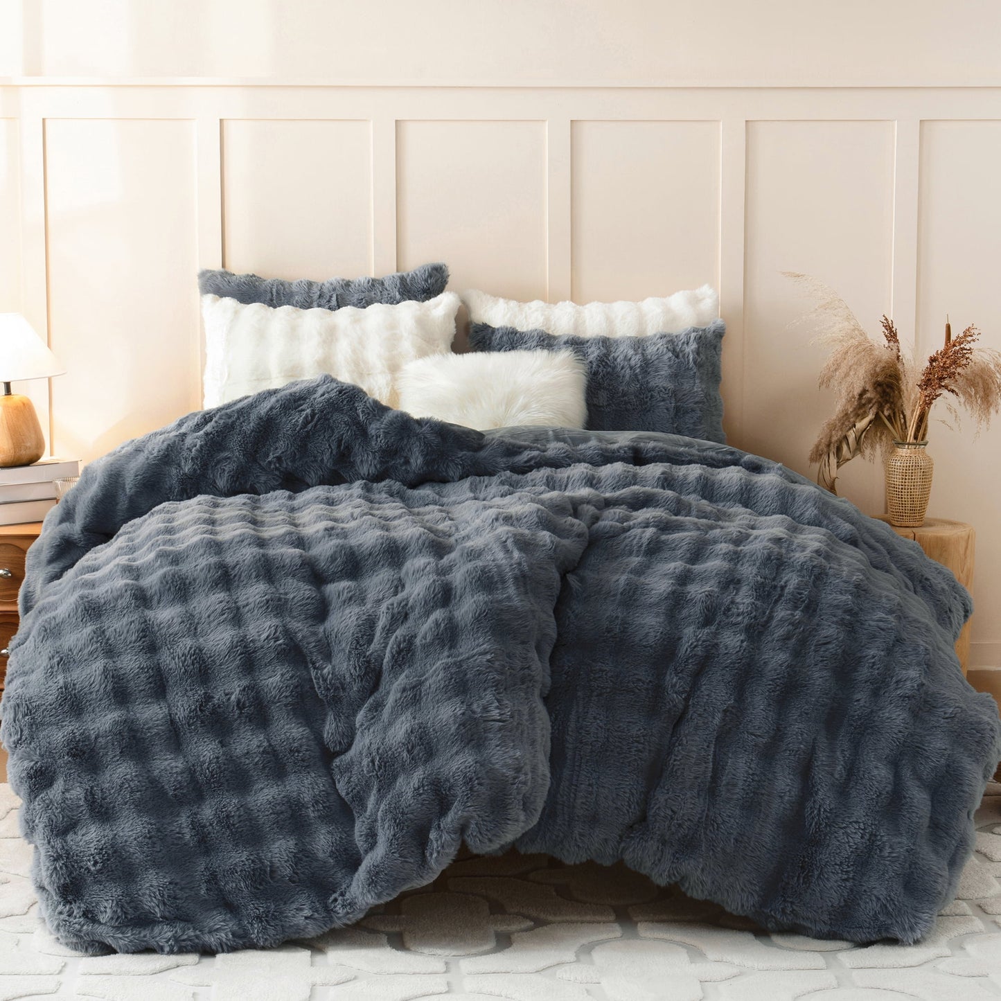 BLEUM CADE Fluffy Comforter Set Queen Size,Faux Fur Luxury Fuzzy Bedding Sets Gray,Shaggy Plush Duvet Cover Set with 2 Pillowcases