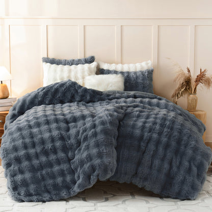 BLEUM CADE Fluffy Comforter Set Queen Size,Faux Fur Luxury Fuzzy Bedding Sets Gray,Shaggy Plush Duvet Cover Set with 2 Pillowcases
