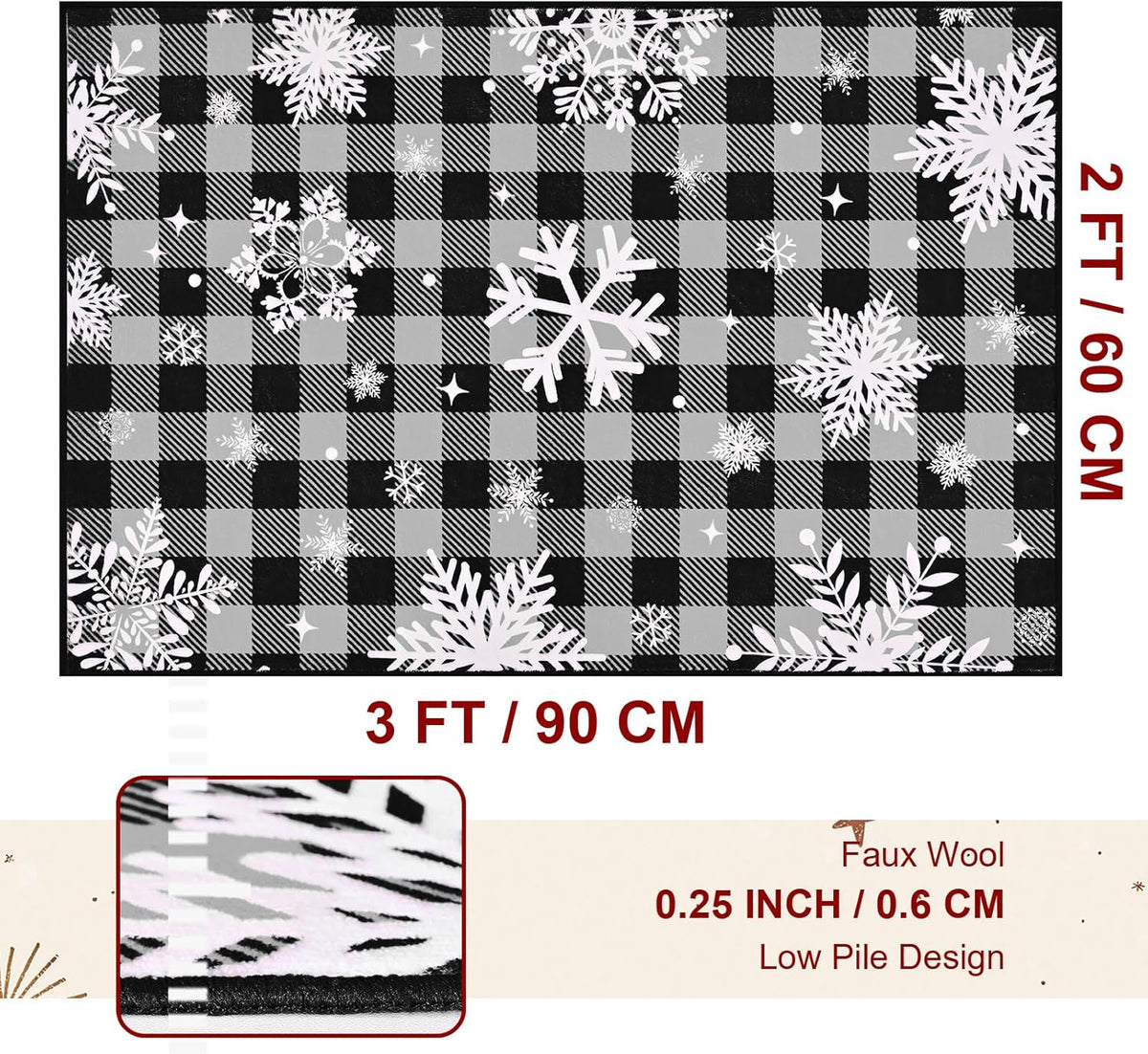 Bleum Cade Christmas Snowflake Area Rugs 2x3 Entryway Rug, Grey Buffalo Plaid Non Slip Washable Door Mat,Outdoor Indoor Welcome Mat for Entrance,Christmas Decorations
