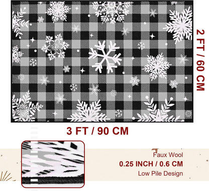 Bleum Cade Christmas Snowflake Area Rugs 2x3 Entryway Rug, Grey Buffalo Plaid Non Slip Washable Door Mat,Outdoor Indoor Welcome Mat for Entrance,Christmas Decorations