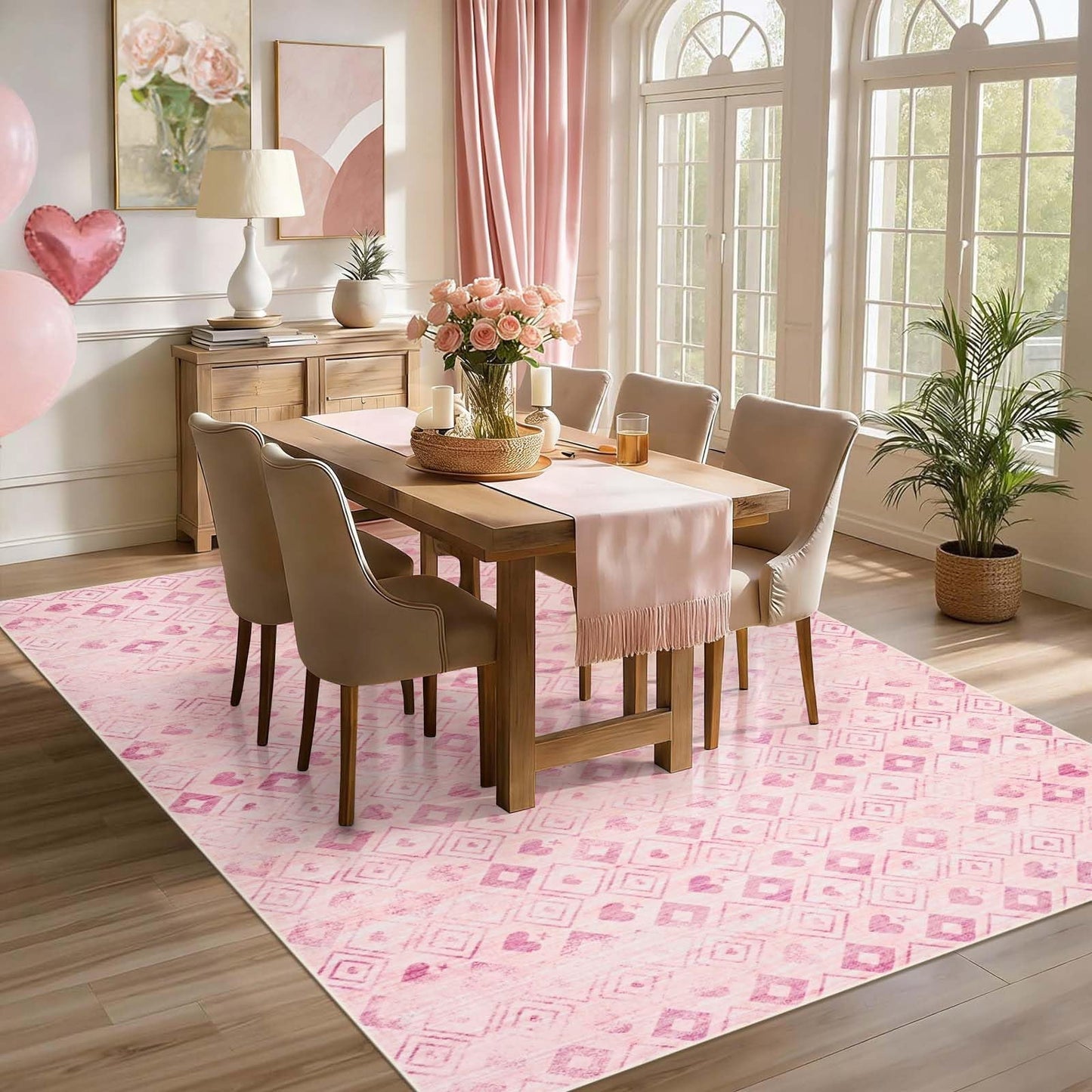 Bleum Cade Valentine's Day Pink Rugs for Living Room 5x7 Area Rug,Washable Rugs for Bedroom,Non-Slip Low Pile Super Soft Indoor Carpet Modern Home Decor Pink Diamond-shaped Grid