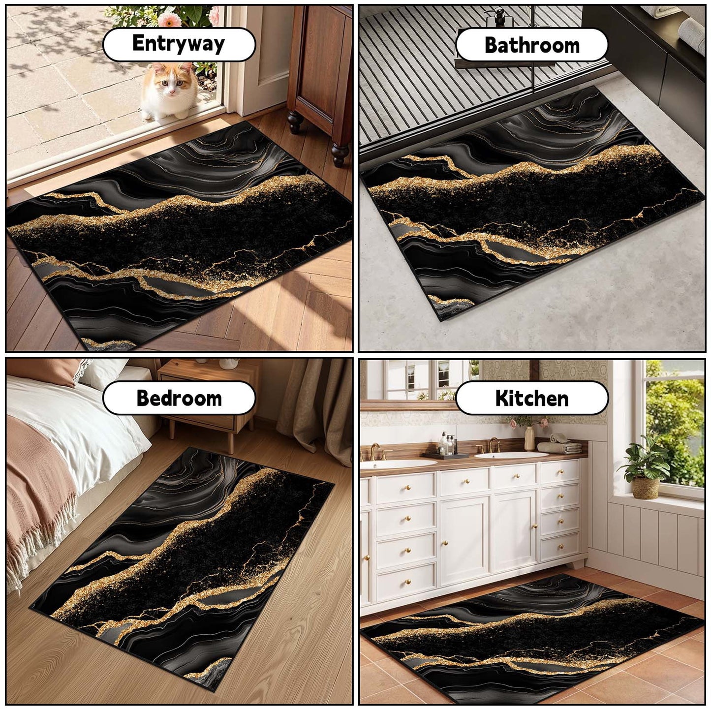 Bleum Cade Marble Swirl Abstract Area Rugs 2x3 Entryway Rug,Black Gold Non Slip Washable Door Mat Outdoor Indoor Welcome Mat for Entrance