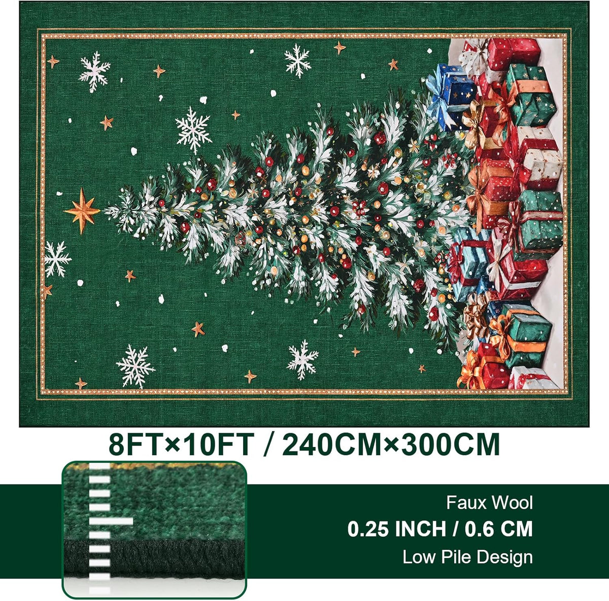 BLEUM CADE 8'x10' Christmas Tree Area Rugs for Living Room, Winter Green Washable Rugs for Bedroom Dinning Room, Ultra Soft Non Slip Durable Large Carpet Christmas Decorations