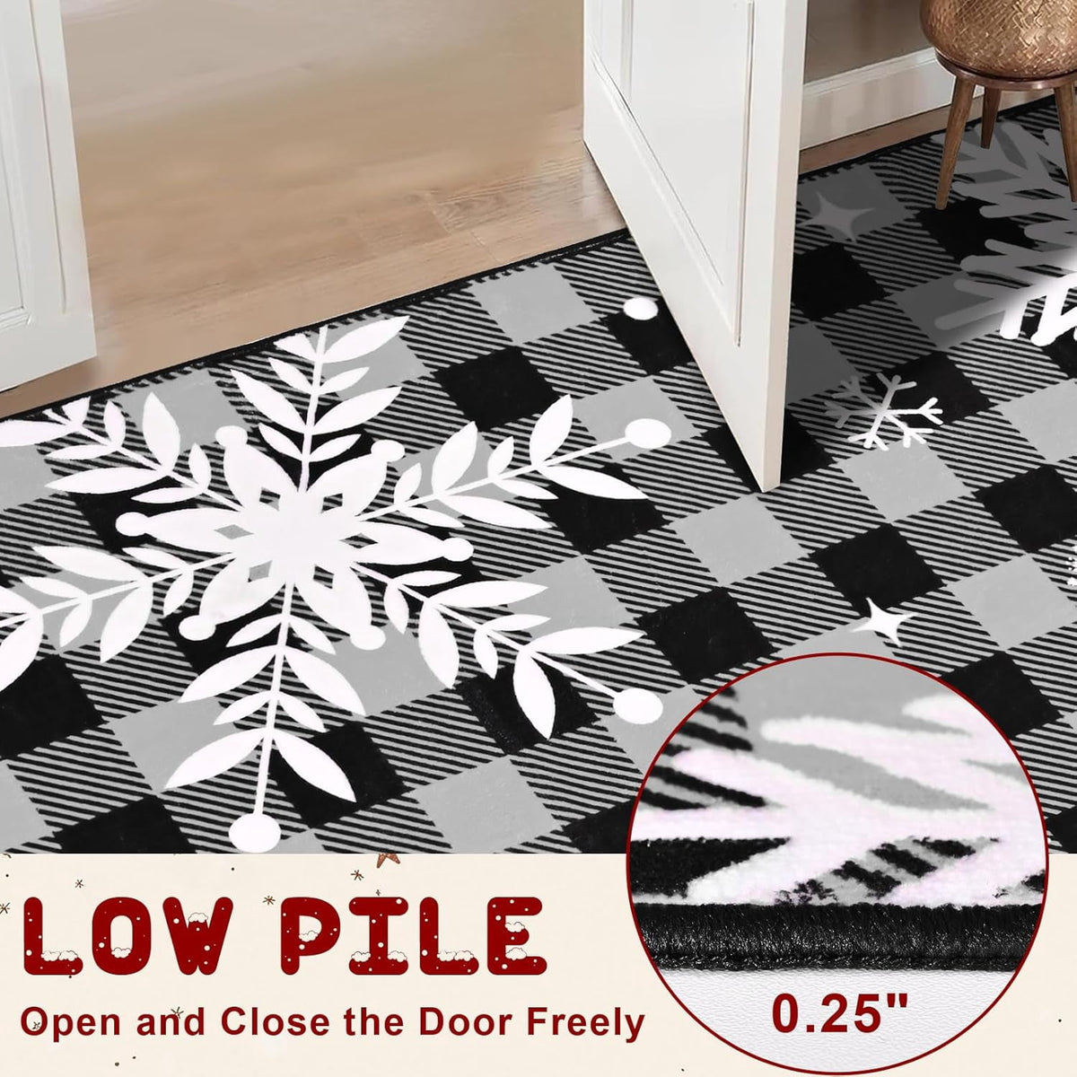 Bleum Cade Christmas Snowflake Area Rugs 2x3 Entryway Rug, Grey Buffalo Plaid Non Slip Washable Door Mat,Outdoor Indoor Welcome Mat for Entrance,Christmas Decorations