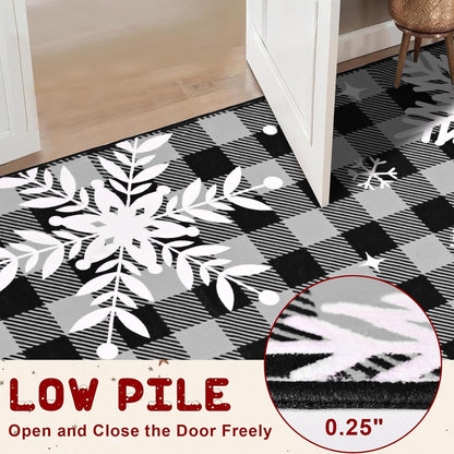 Bleum Cade Christmas Snowflake Area Rugs 2x3 Entryway Rug, Grey Buffalo Plaid Non Slip Washable Door Mat,Outdoor Indoor Welcome Mat for Entrance,Christmas Decorations