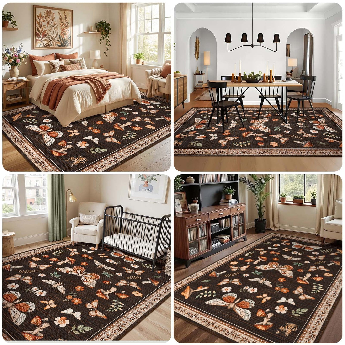Bleum Cade 5'x7'Area Rugs for Living Room, Butterfly Mushroom Washable Rug for Bedroom,Ultra Soft Carpet Non Slip Low Pile Stain Resistant for Dining Room Home Decor,Brown