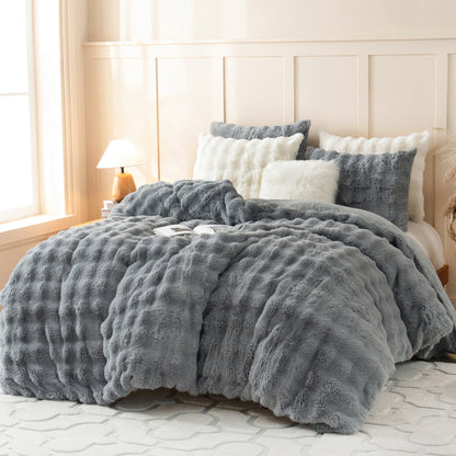 BLEUM CADE Fluffy Comforter Set King Size,Faux Fur Luxury Fuzzy Bedding Sets Light Gray,Shaggy Plush Duvet Cover Set with 2 Pillowcases