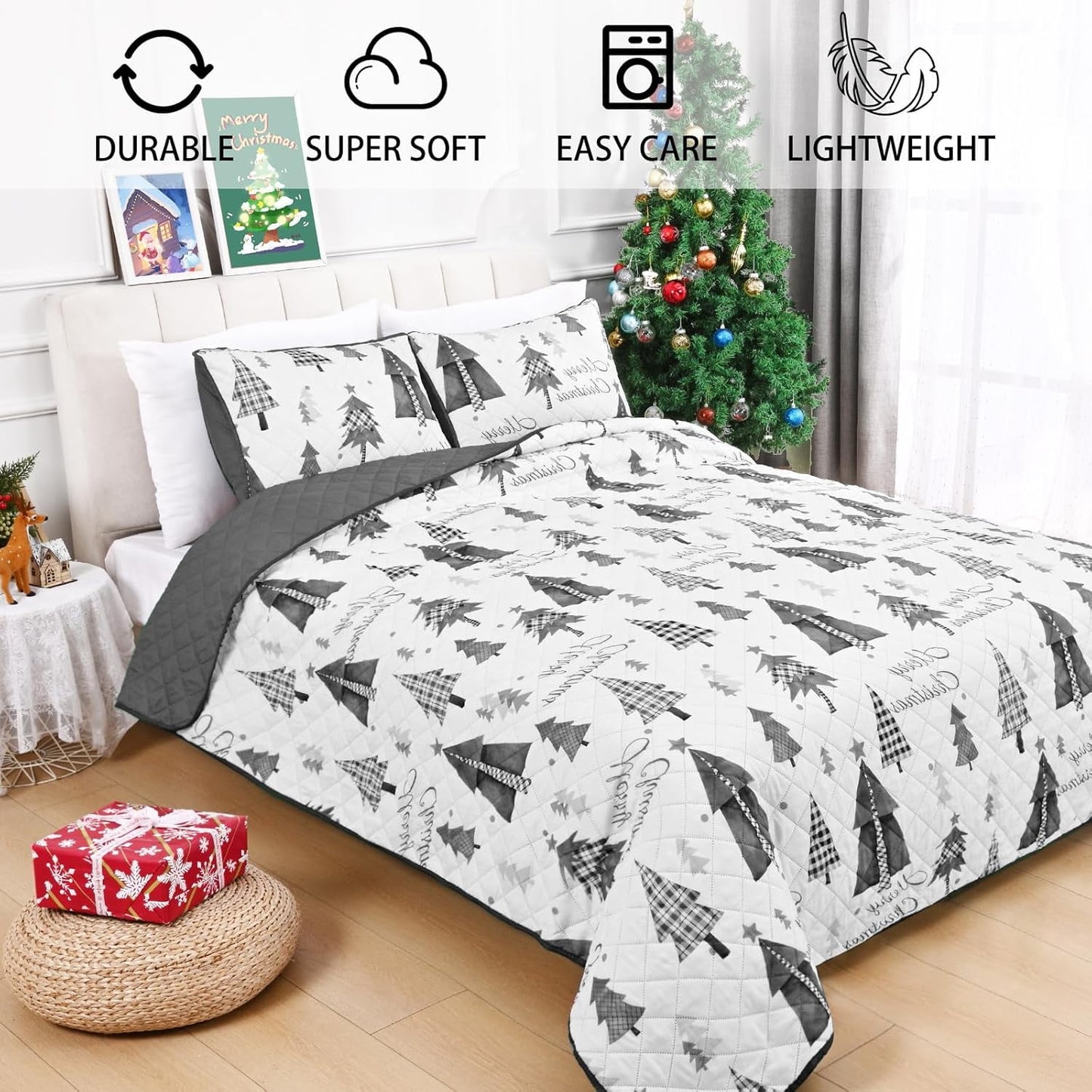 BLEUM CADE Christmas Quilt Sets Queen Size, 3 Pieces Christmas Tree Quilt Bedspread Sets,Lightweight Merry Christmas Bedding Set Soft Xmas Quilts Coverlet,Grey