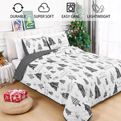 BLEUM CADE Christmas Quilt Sets Queen Size, 3 Pieces Christmas Tree Quilt Bedspread Sets,Lightweight Merry Christmas Bedding Set Soft Xmas Quilts Coverlet,Grey