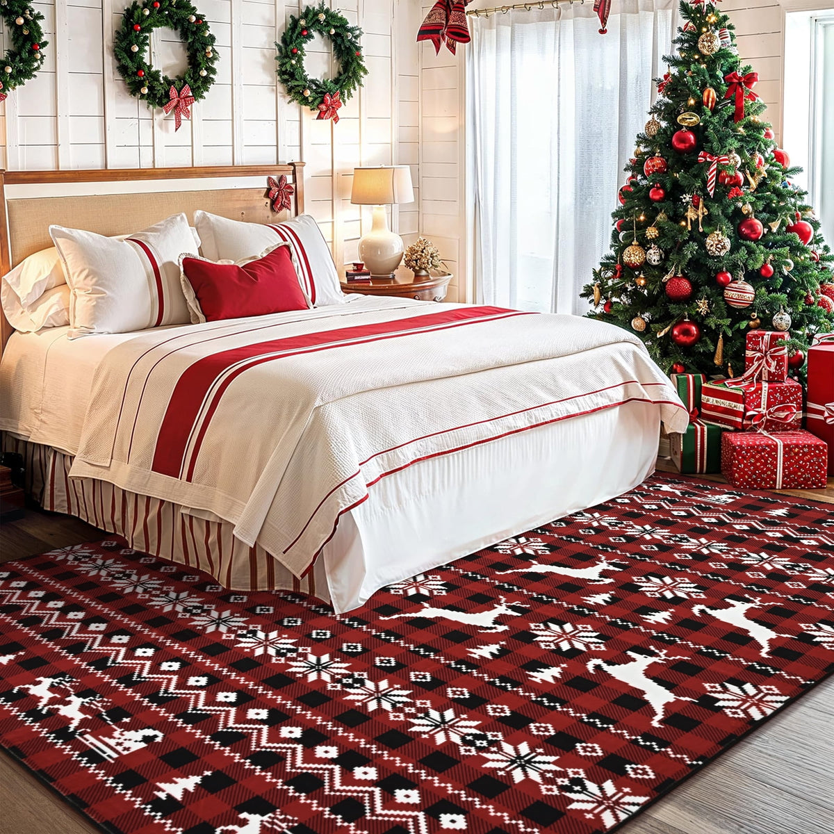 BLEUM CADE Christmas Area Rugs 8x10, Buffalo Plaid Rugs for Living Room, Red Reindeer Washable Rug Low Pile, Snowflake Bedroom Rug Non Slip, Soft Faux Wool Throw Carpet for Christmas Decorations