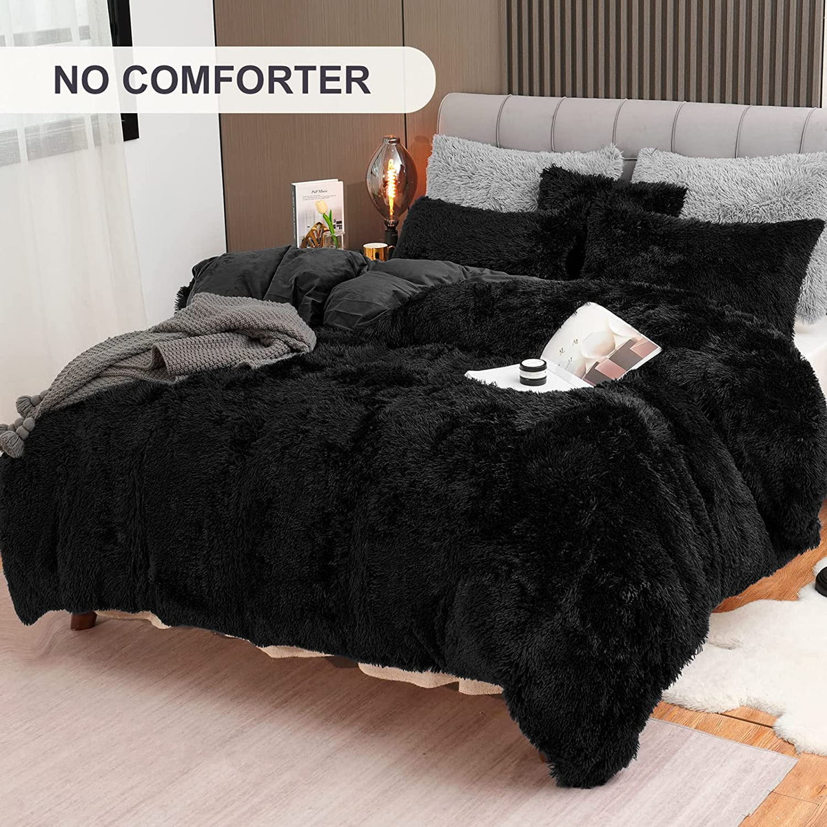 BLEUM CADE Luxury Fluffy Fuzzy King Bedding Comforter Set,3 Pieces Shaggy Duvet Cover Set,Furry Plush Velvet Comforter Cover with Zip Closure,King,Black