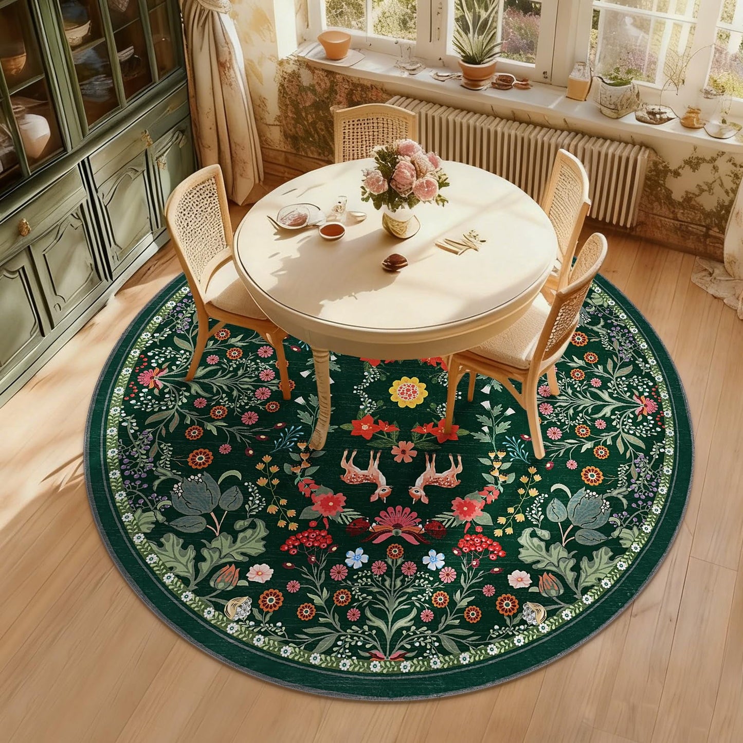 Bleum Cade Round Rugs 6ft Floral Area Rug for Living Room Green Washable Rug Non Slip Soft Low Pile Faux Wool Botanical Throw Rugs for Bedroom, Dining Room, Nursery, Home Decor