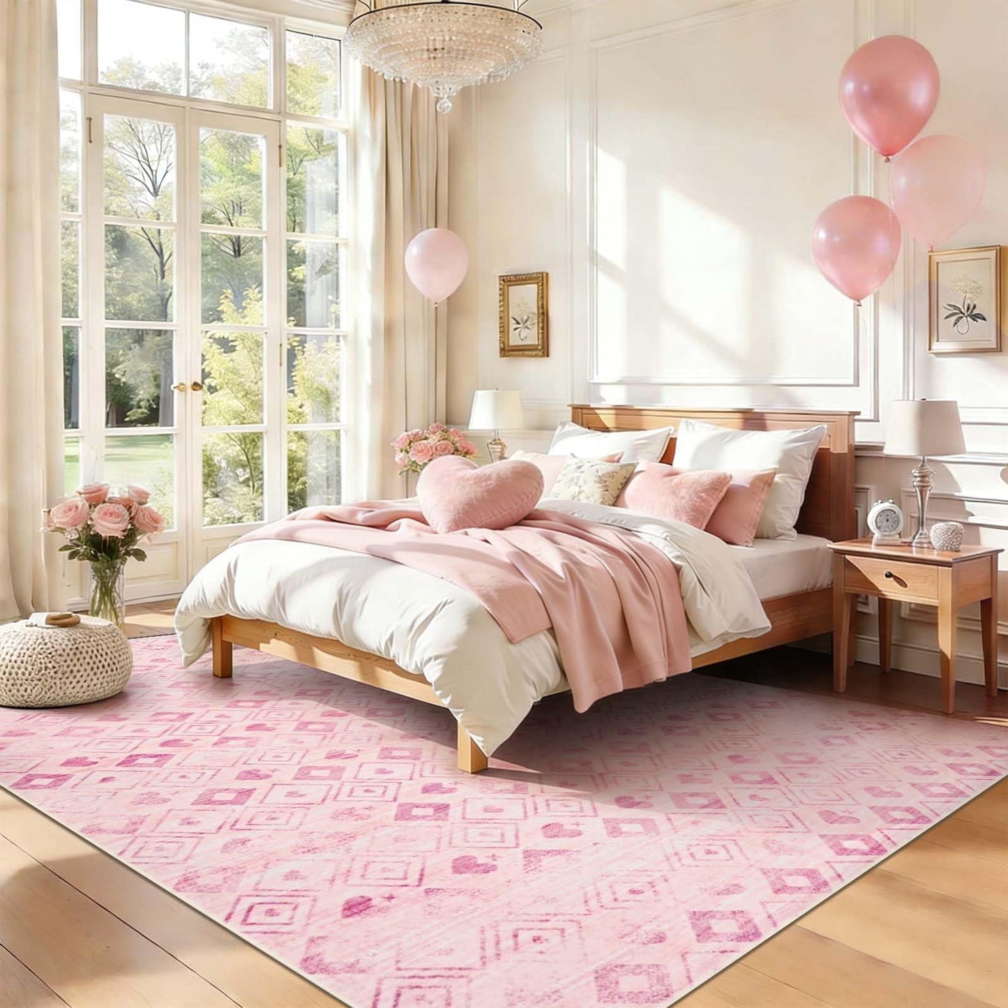 Bleum Cade Valentine's Day Pink Rugs for Living Room 5x7 Area Rug,Washable Rugs for Bedroom,Non-Slip Low Pile Super Soft Indoor Carpet Modern Home Decor Pink Diamond-shaped Grid