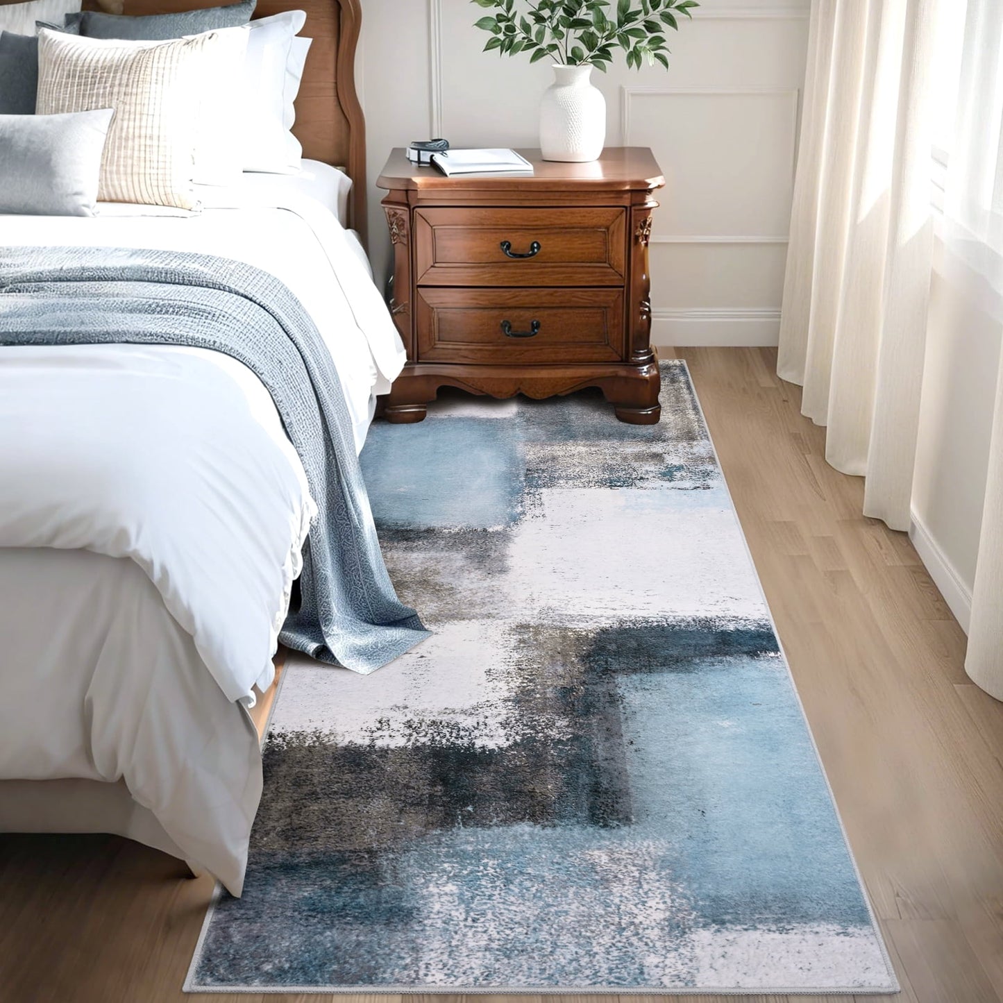 Bleum Cade Modern Abstract Patchwork Indoor Runner Rug for Living Room, 2'x 6' Rug, Throw Carpet for Office Entryway Dining Room,Blue