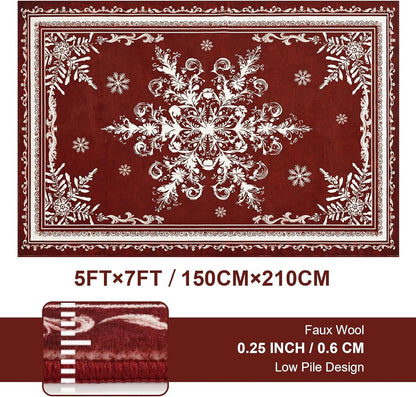 BLEUM CADE Christmas Snowflake 5'x7' Area Rugs for Living Room, Washable Rugs for Bedroom Dinning Room,Ultra Soft Non Slip Durable Large Carpet Christmas Decorations,Red
