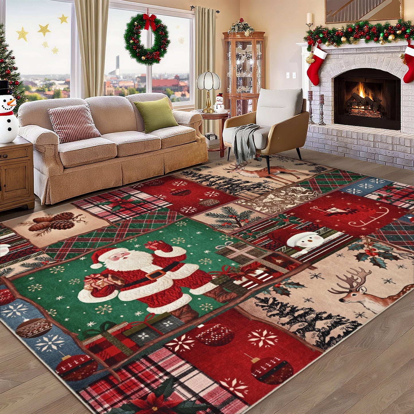 BLEUM CADE Christmas 3x5 Area Rugs for Living Room,Santa Claus Spliced Pattern Low Pile Washable Non Slip Rug Carpet Xmas Decor