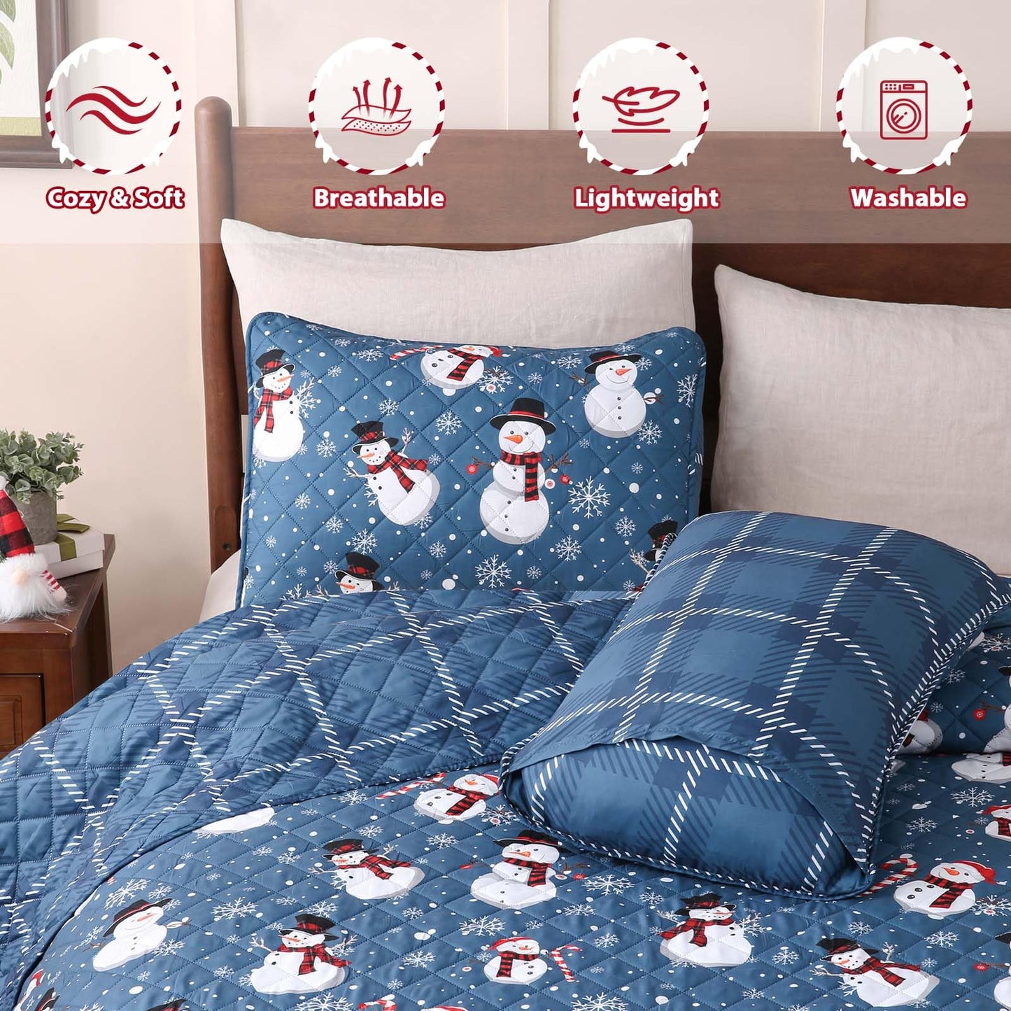 BLEUM CADE Christmas Quilts Sets Queen Size,3 Pieces Christmas Snowman Quilt Bedding Set, Reversible Blue Buffalo Plaid Comforter Sets, Christmas Tree Soft Lightweight Xmas Bedspread Coverlet,90"x90"
