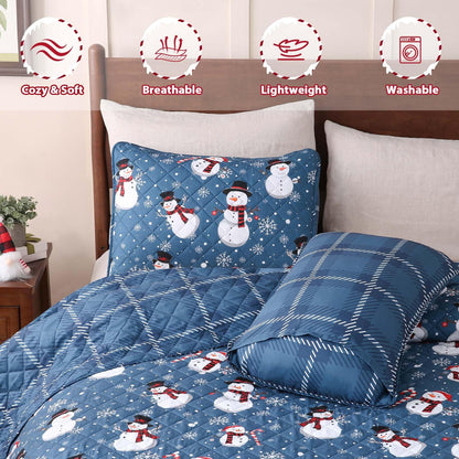 BLEUM CADE Christmas Quilts Sets Queen Size,3 Pieces Christmas Snowman Quilt Bedding Set, Reversible Blue Buffalo Plaid Comforter Sets, Christmas Tree Soft Lightweight Xmas Bedspread Coverlet,90"x90"
