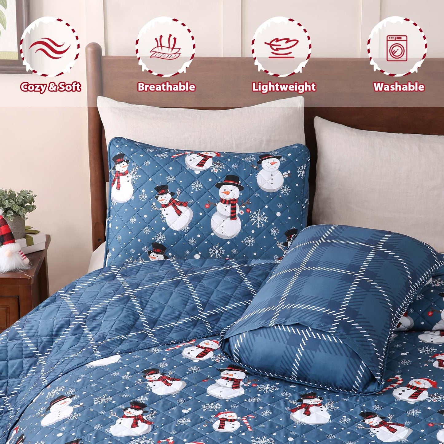 BLEUM CADE Christmas Quilts Sets King Size,3 Pieces Christmas Snowman Quilt Bedding Set,Reversible Blue Buffalo Plaid Comforter Sets,Christmas Tree Soft Lightweight Xmas Bedspread Coverlet,106" x 96"