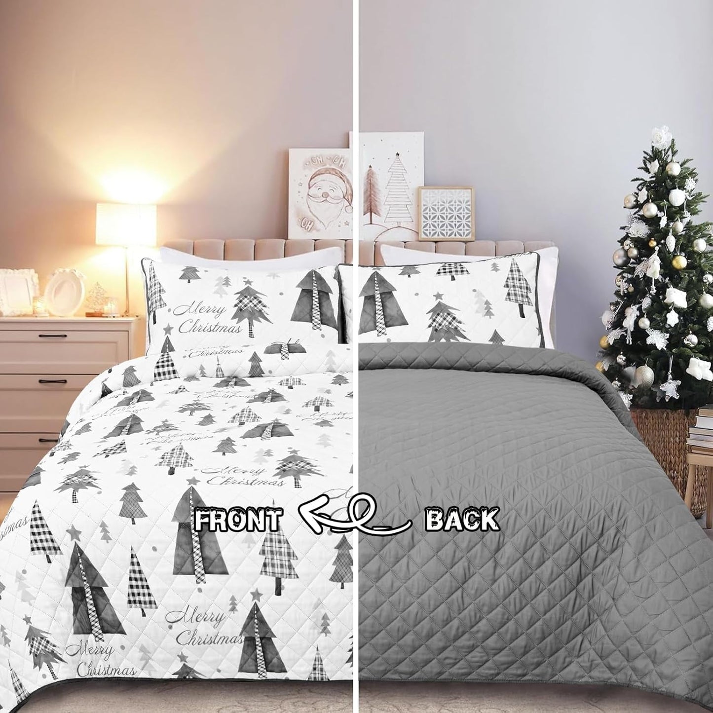 BLEUM CADE Christmas Quilt Sets Queen Size, 3 Pieces Christmas Tree Quilt Bedspread Sets,Lightweight Merry Christmas Bedding Set Soft Xmas Quilts Coverlet,Grey