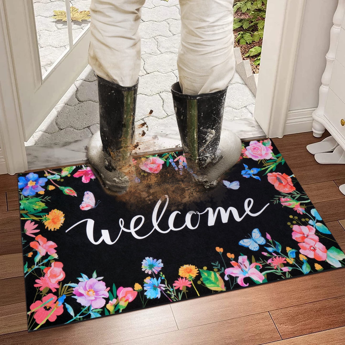BLEUM CADE Spring Welcome Mat for Outside,Floral Non Slip Outdoor Door Mat,Low Profile Entrance Doormat for Patio