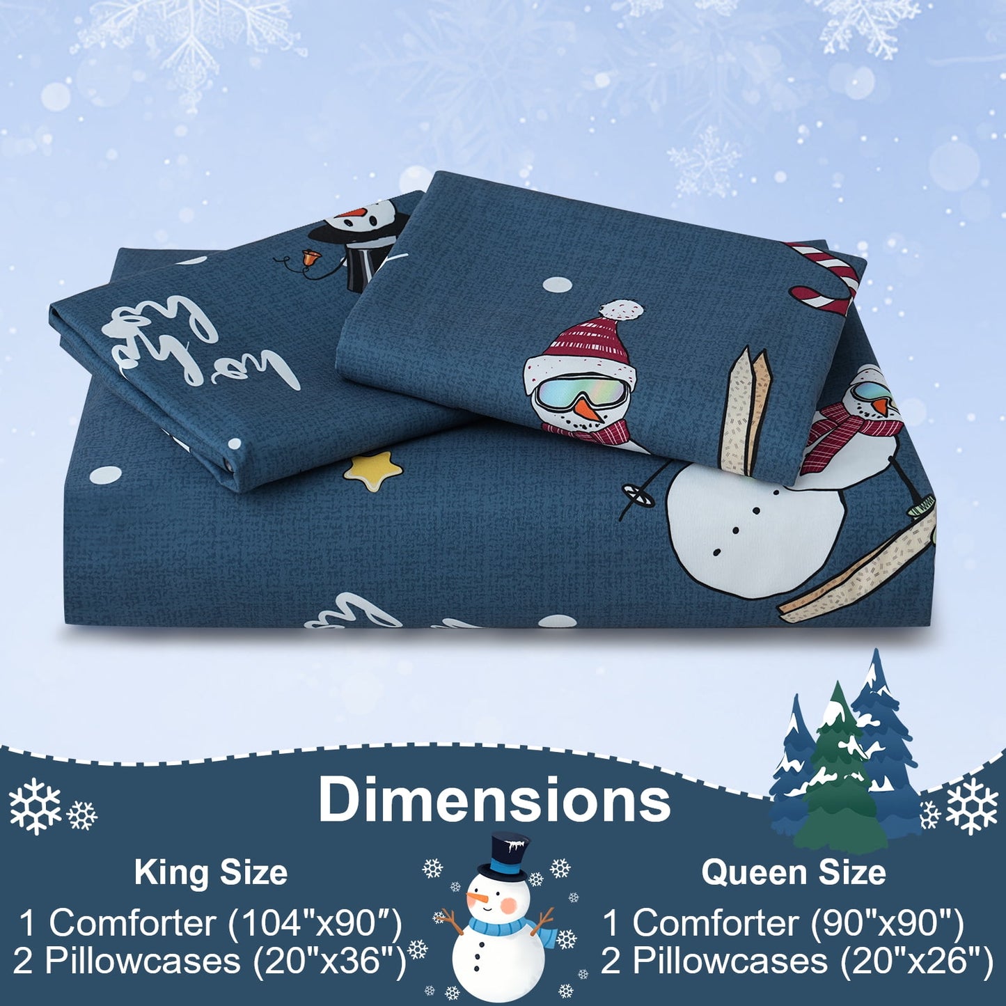 BLEUM CADE Duvet Cover and Pillow Covers Christmas Snowman Duvet 3 Piece Bedroom Set Blue Background and White Snowman Printed
