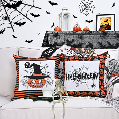 BLEUM CADE Halloween Pillow Covers, 2 Pack Farmhouse Fall Pillow Covers 18 x 18 inch, Black White Striped Ghost Throw Pillow Cases for Sofa Bed Throw Cushion